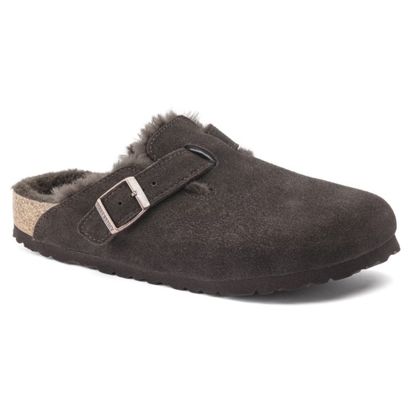 Birkenstock Boston Clog Shearling Dark Brown Suede Slippers - Picture 6 of 14